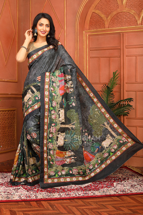 Black colour Banaras smooth printed saree