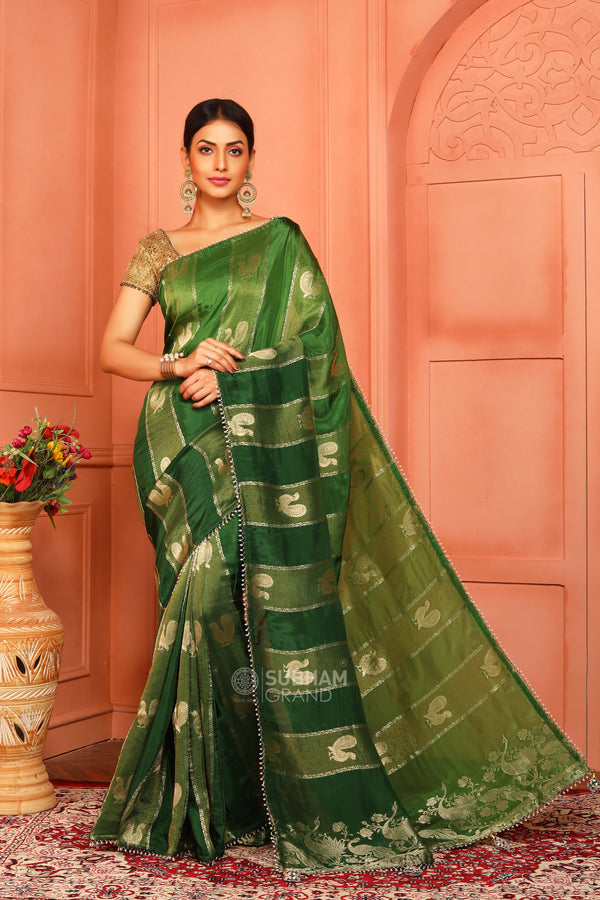 Green colour cora silk zari buta work saree