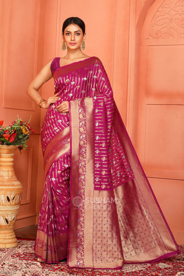 Magenta colour weaving gold border saree