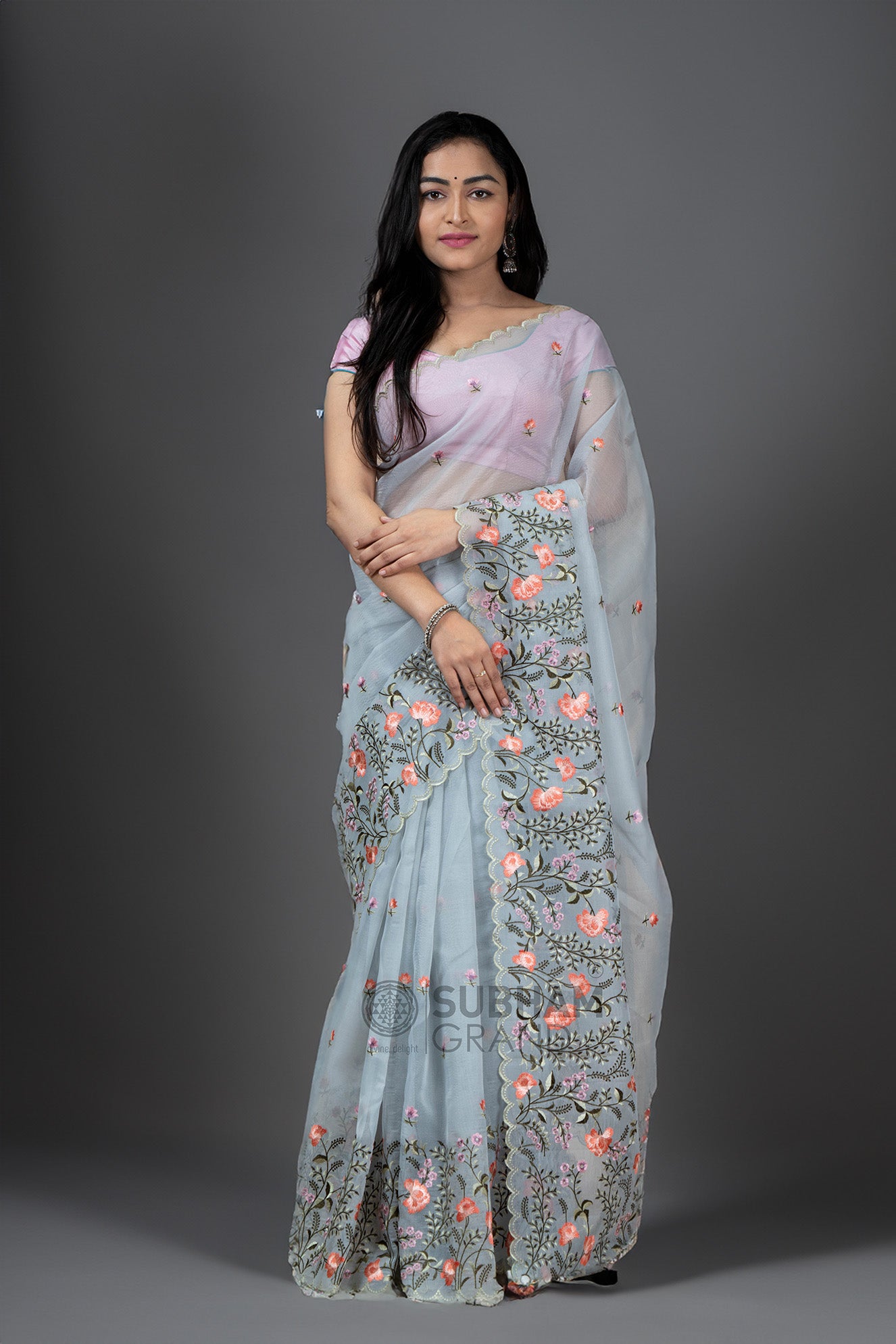 Ice Blue Embroidered Saree Set Design by Stotram at Pernia's Pop Up Shop  2024