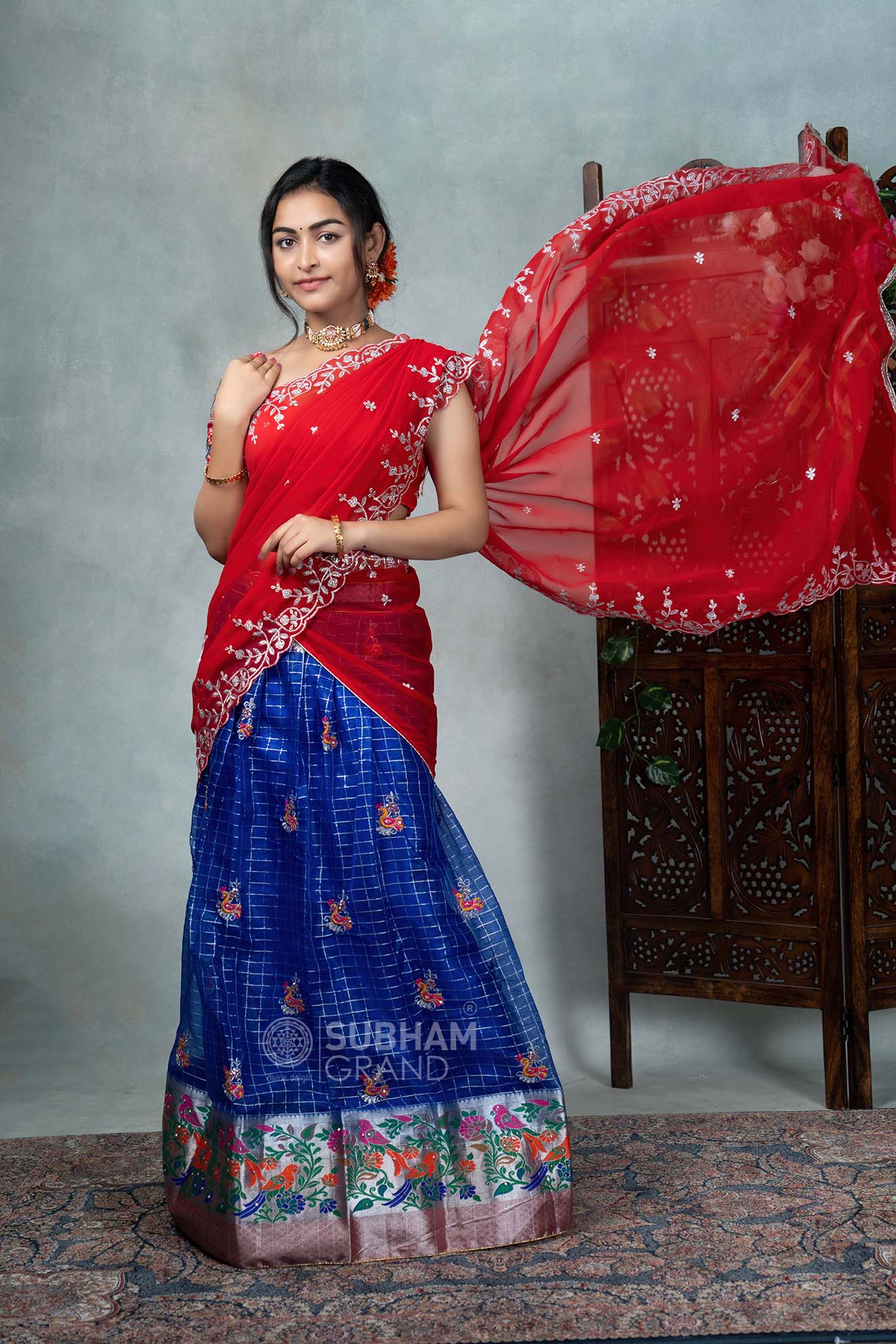 Yellow And Teal Blue Half Saree – SUBHAM GRAND