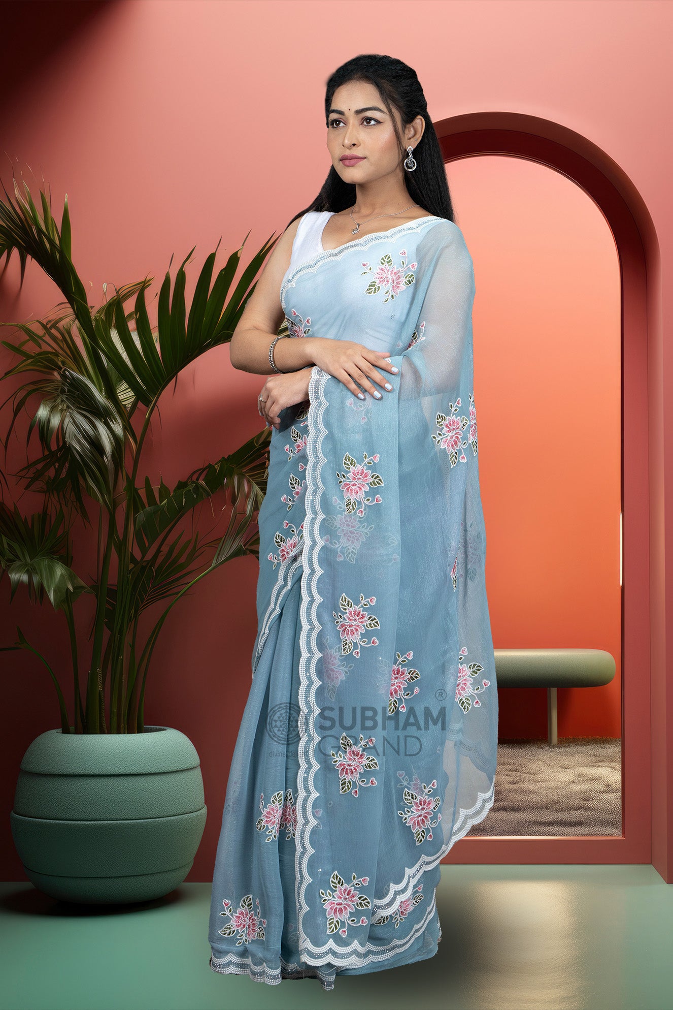 Baby blue colour shimmer saree – SUBHAM GRAND