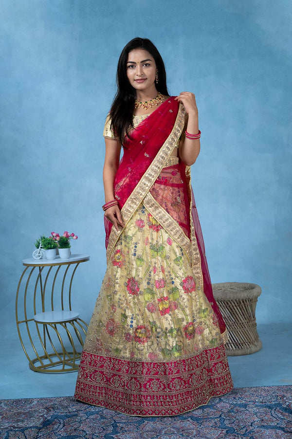 Red And Cream Color Netted Half Saree