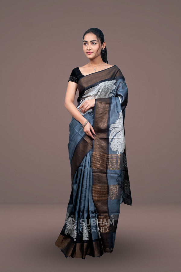 Gray colour silk print saree