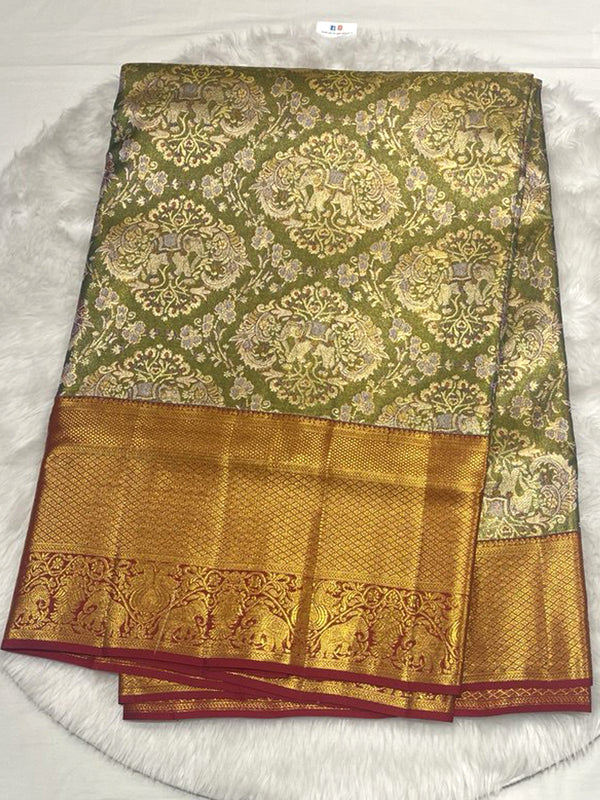 Traditional Olive Green Kanchi Brocade Silk Saree with heavy all-over gold zari weave and broad red contrast border