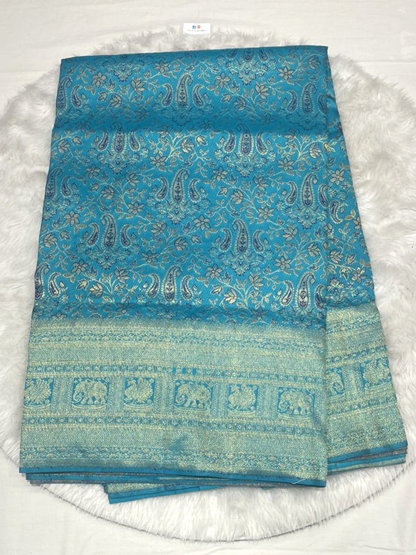 Vibrant Aqua Blue Kanjivaram Pattu Saree with all-over Paithani-style Paisley and Floral motifs woven in silver and gold Zari, featuring a Tone-on-Tone border with traditional Elephant figures.