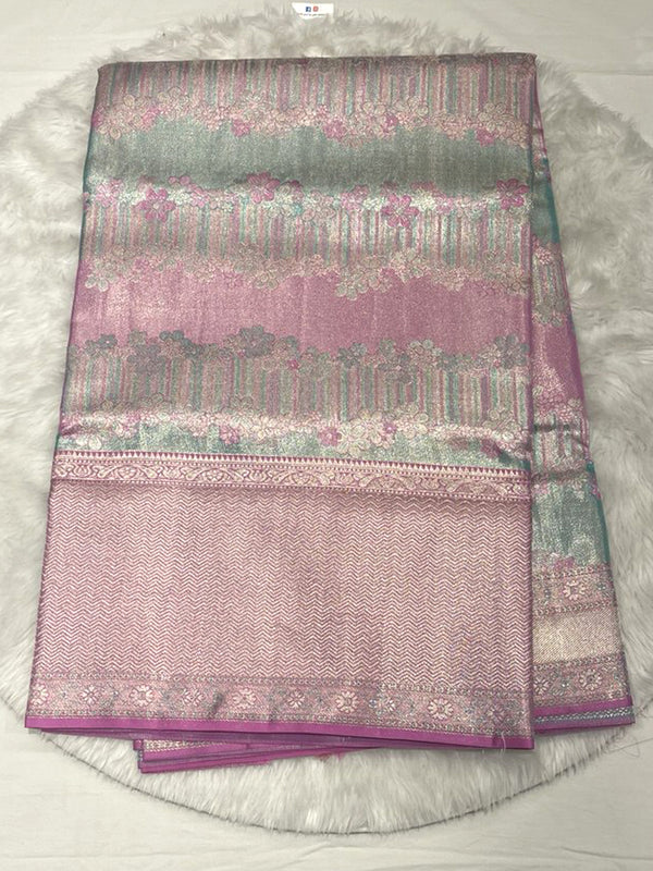 Luminous Dual-Tone Kanjivaram Pattu Saree featuring horizontal stripes (Padi/Patta) in shimmering Fuchsia Pink and Seafoam Green with floral motifs, finished with a broad, tone-on-tone Pink Brocade border.