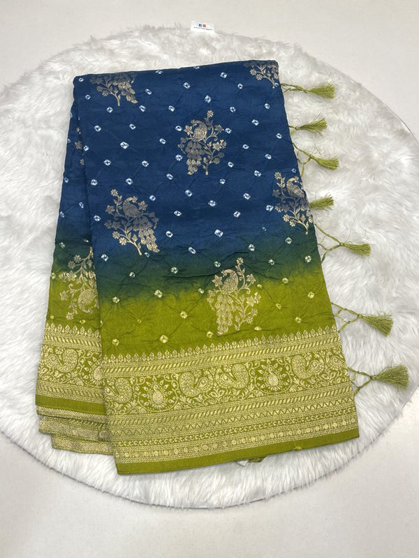 Blue and green ombre georgette bandhani saree with heavy gold zari border
