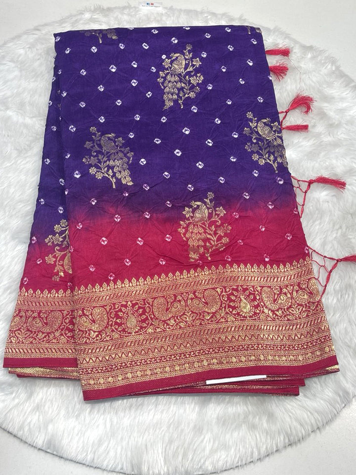 Purple and pink ombre georgette bandhani saree with heavy gold zari border
