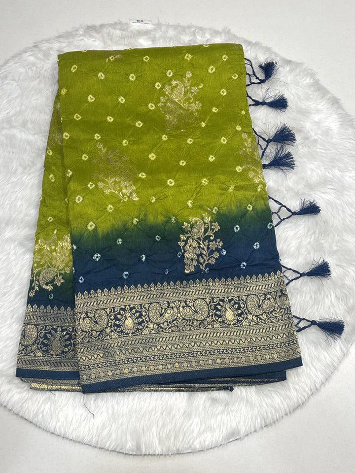 Lime green and navy blue ombre bandhani saree with heavy gold zari border