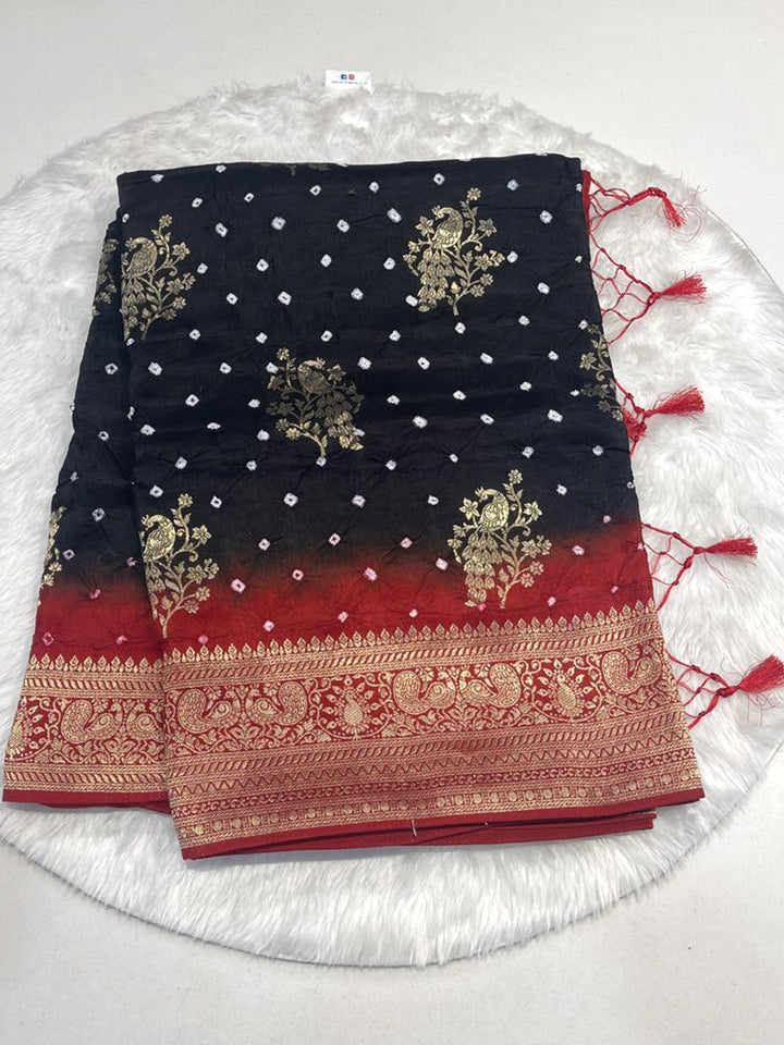 Black and red ombre georgette bandhani saree with heavy gold zari border