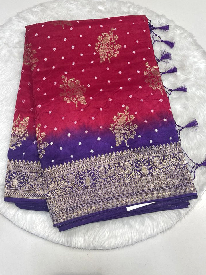 Crimson red and royal purple ombre bandhani georgette saree with heavy gold zari border