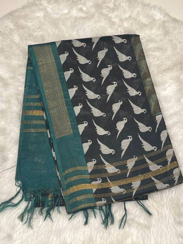 Black Bailu Cotton Saree with white parrot print and teal contrast gold stripes border