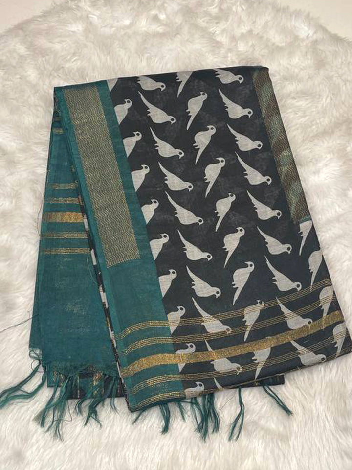 Black Bailu Cotton Saree with white parrot print and teal contrast gold stripes border