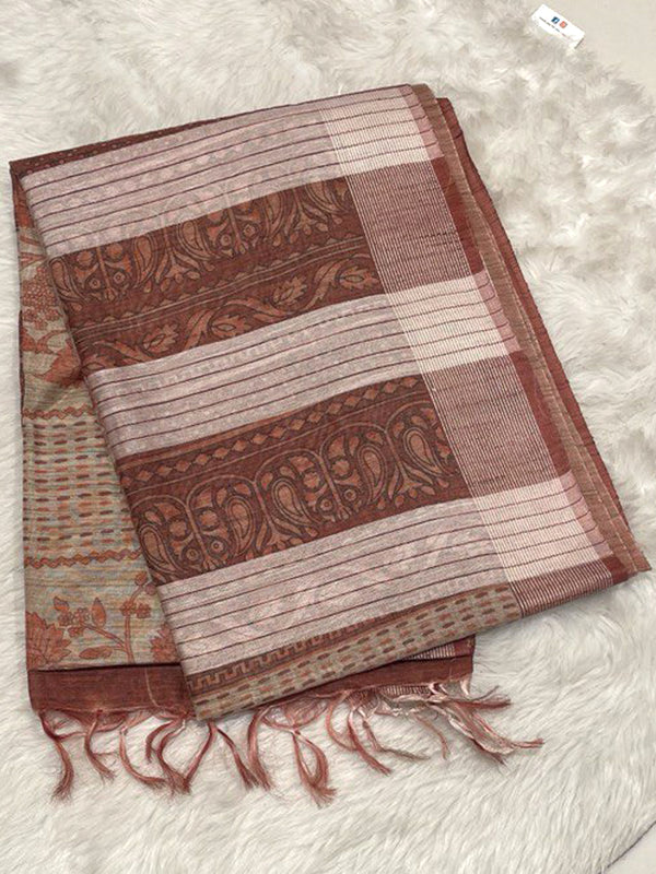 Beige Bailu Cotton Printed Saree with paisley design pallu for office wear