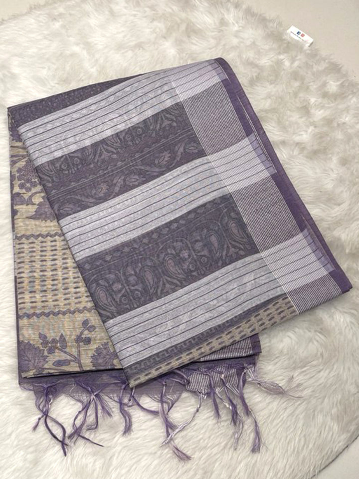 Lavender Purple Bailu Cotton Saree with floral print and contrast pallu with tassels