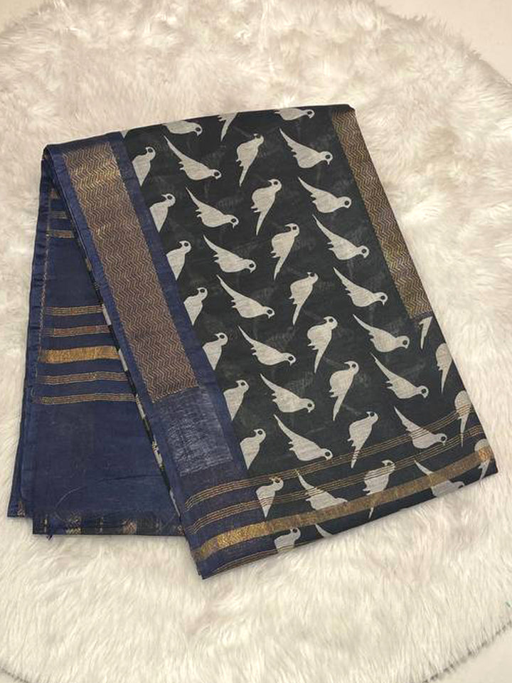 Black Bailu Cotton Saree with white birds print and deep blue contrast border and pallu