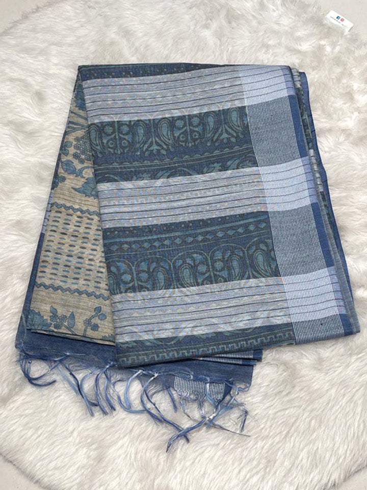 Indigo Blue Bailu Cotton Daily Wear Saree with printed body and contrast blouse