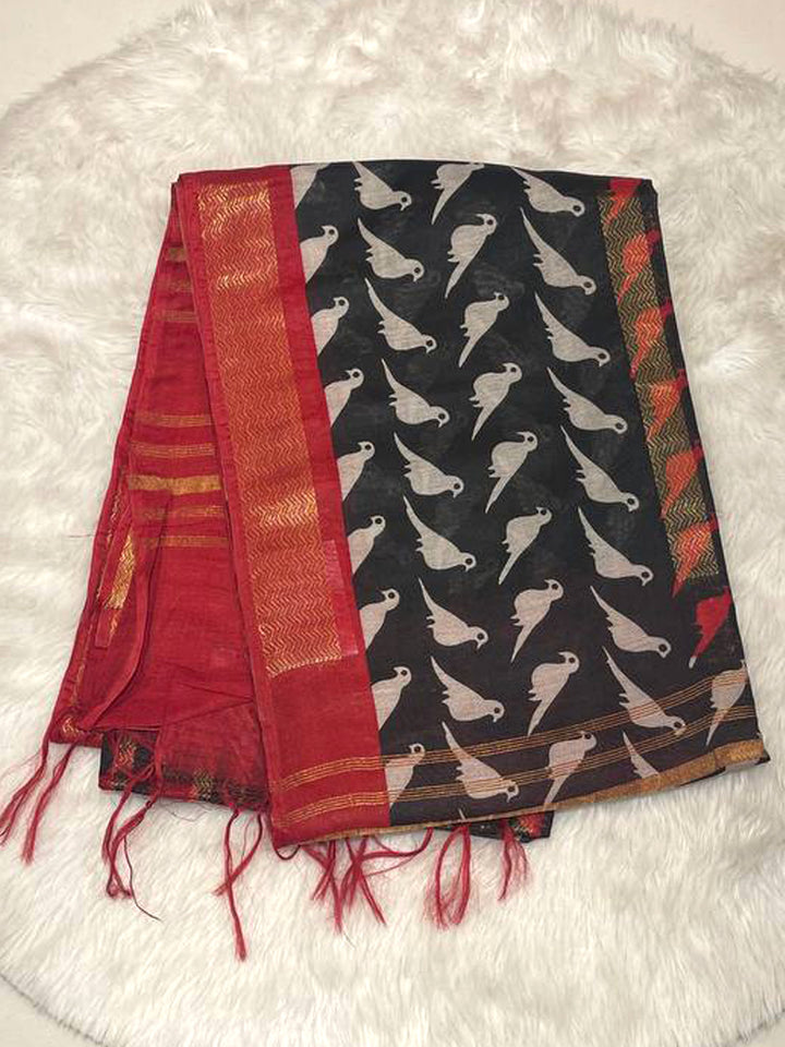 Black Bailu Cotton Saree with all-over bird print and bright red contrast gold zari border