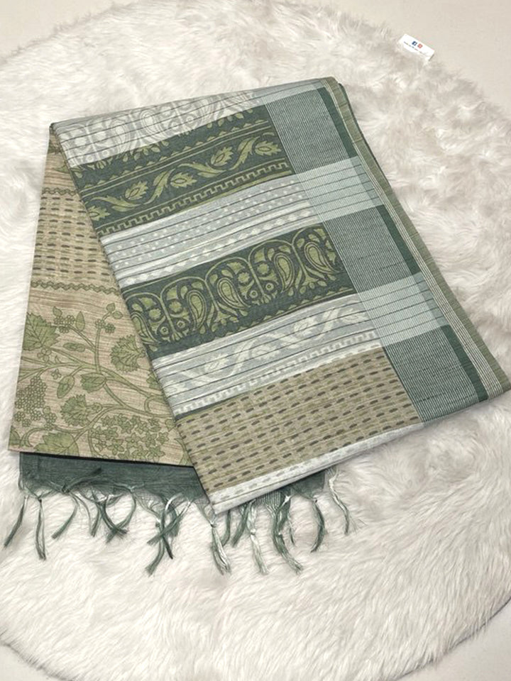 Sage Green Bailu Cotton Saree with leaf print and contrast striped pallu