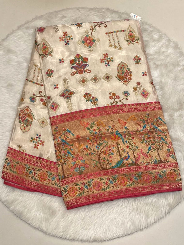 Off-White Bailu Pattu Saree with multi-color motifs and heavy contrast Zamdani border