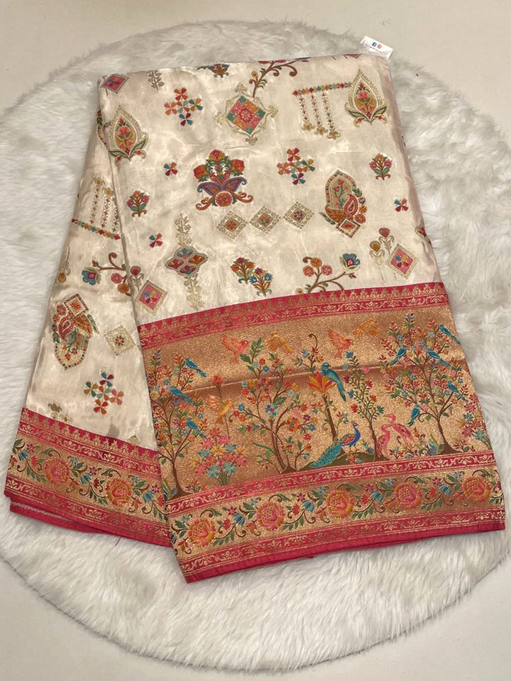 Off-White Bailu Pattu Saree with multi-color motifs and heavy contrast Zamdani border