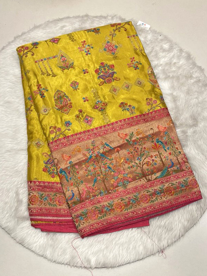Mustard Yellow Bailu Pattu Silk Saree with pink contrast Zamdani border and bird motifs