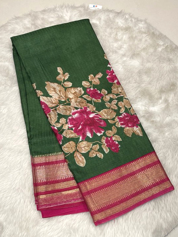 Bottle Green Banarasi Chanderi Saree with pink floral print and contrast gap border