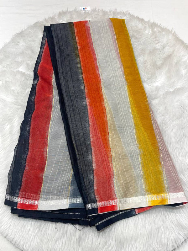 Multicolour Rainbow Stripe Chiffon Saree
