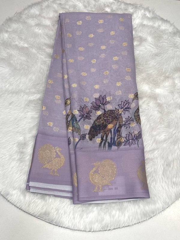 Lavender Micro Georgette Saree with Gold Zari Buta Weave, Hand-Printed Crane Bird and Peacock Border Design