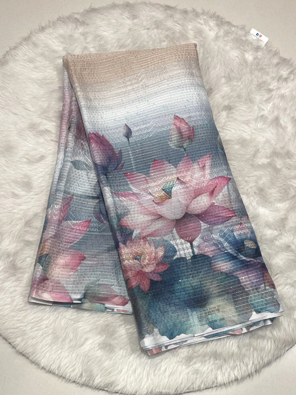 Watercolor Lotus Print Chinon Silk Saree