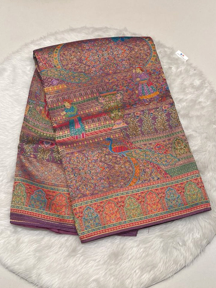 Purple Cora Fancy Designer Saree featuring royal Rajput figures and meenakari border