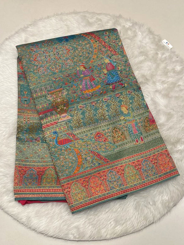 Teal Green Cora Fancy Saree with Jaipur Rajput Meenakari weaving and peacock design