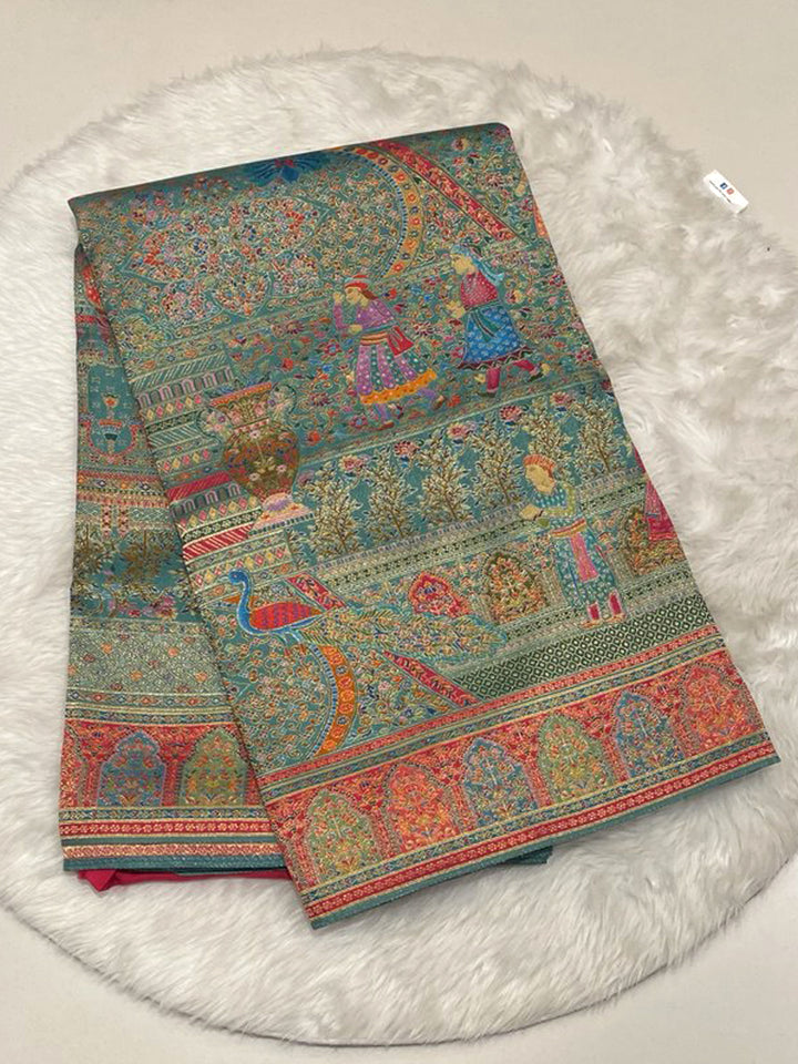 Teal Green Cora Fancy Saree with Jaipur Rajput Meenakari weaving and peacock design