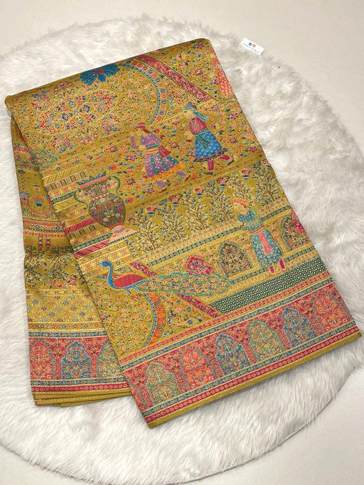 Mustard Yellow Cora Fancy Saree with traditional Meenakari weaving for weddings