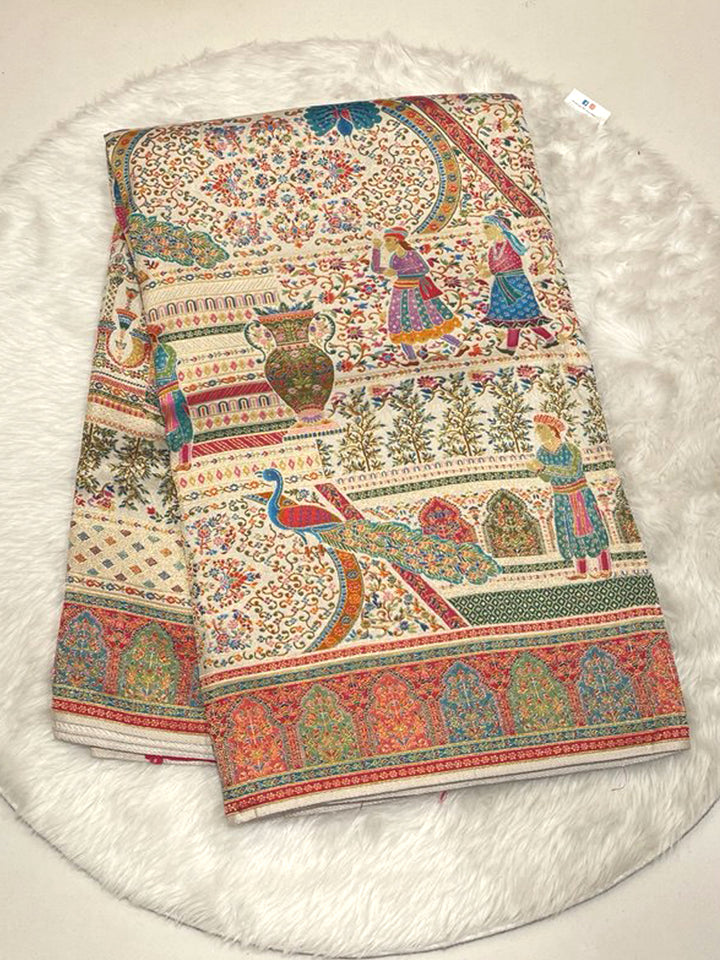 Off-White Cora Fancy Saree with colorful Jaipur Rajput storytelling weave and contrast blouse