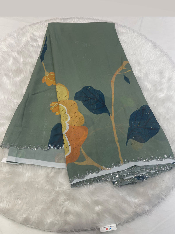 Sage Floral Digital Print Georgette Saree