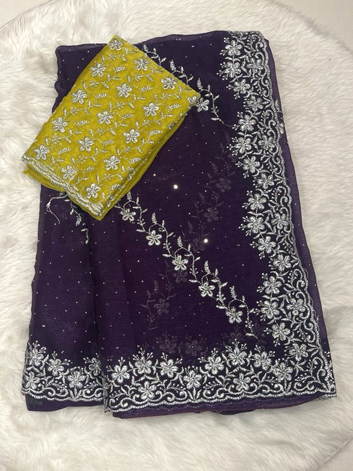 Deep Purple Chiffon Saree with Heavy Silver Zari Floral Cutwork Border and Vibrant Yellow Contrast Designer Blouse.