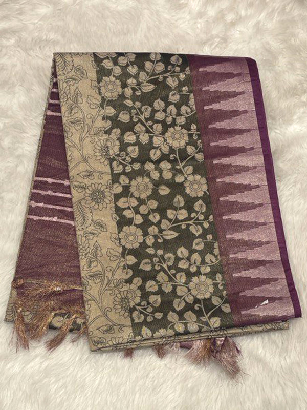 Deep purple jute silk saree with silver tissue temple border and floral peacock design