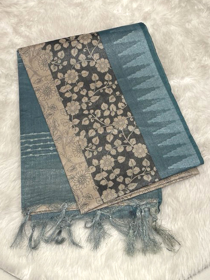 Maroon jute silk saree with silver tissue temple border and beige floral peacock design