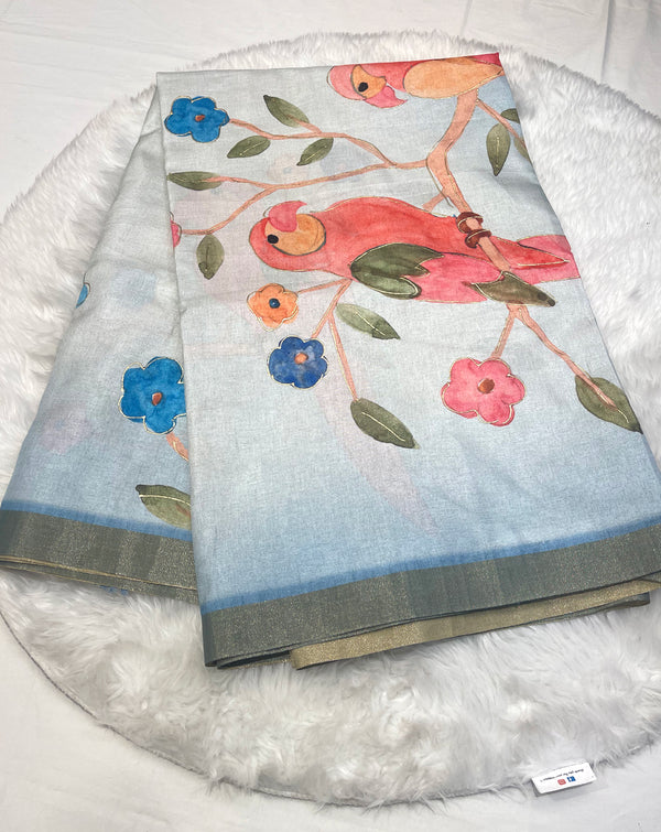 Sky Blue Khadi Silk Bird Art Saree