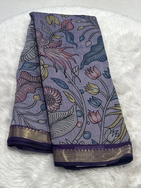 Lavender Grey Maheshwari saree with pen kalamkari peacock print and zari border.