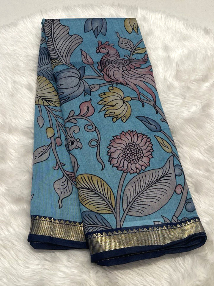 Sky Blue Maheshwari saree with intricate floral and peacock kalamkari print.