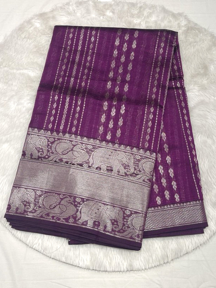 Elegant Deep Purple Mangalagiri Pattu Saree with Silver Zari striped body, distinguished by a wide Silver Zari border with Elephant and Peacock weaving.