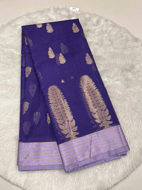 Deep Purple Manipur Kota Saree with gold zari butta weaving and lavender contrast striped border