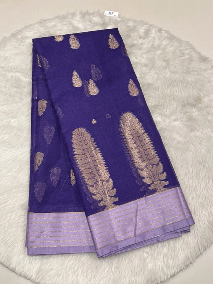 Deep Purple Manipur Kota Saree with gold zari butta weaving and lavender contrast striped border