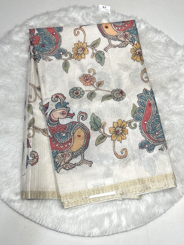 Off-White Manipur Kota Saree with Colorful Kalamkari Peacock Floral Print and Gold Zari Border.