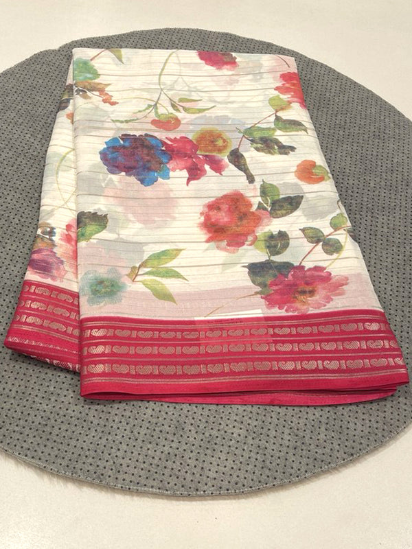 Off-White Micro Chiffon saree with floral print and red contrast zari border.