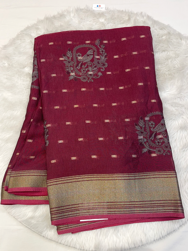 Elegant Maroon Peacock Silk Buta Saree