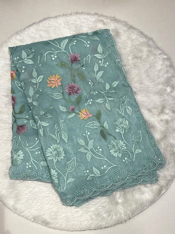 Space Silk Saree in Sea Green with Full Thread Work Floral Vine Embroidery and Moti Cut-Work Border.